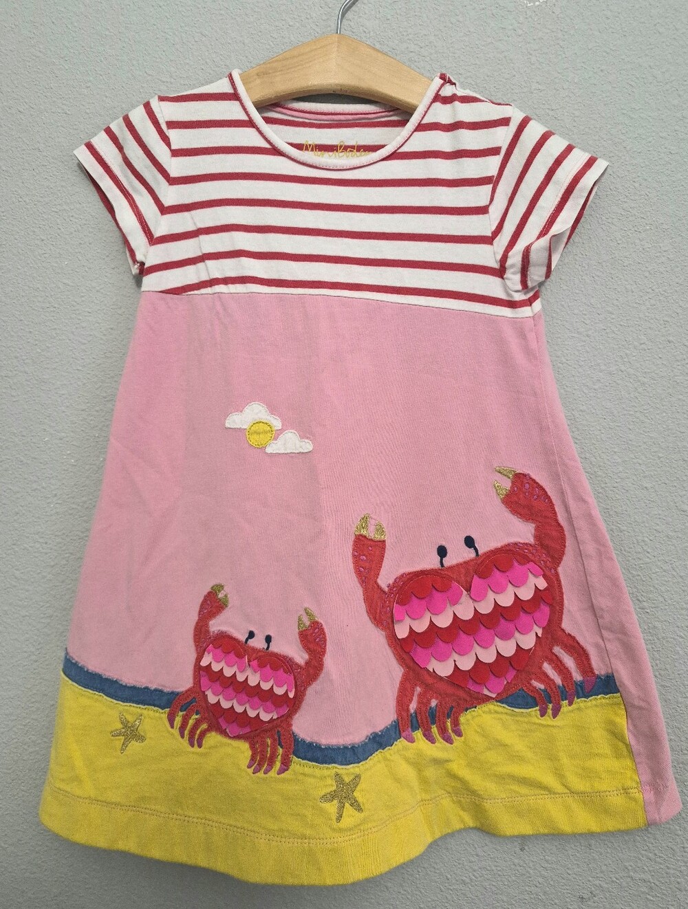 Mini Boden Crab Heart Applique Layered Pink Yellow Jersey Dress 4-5 Yrs
